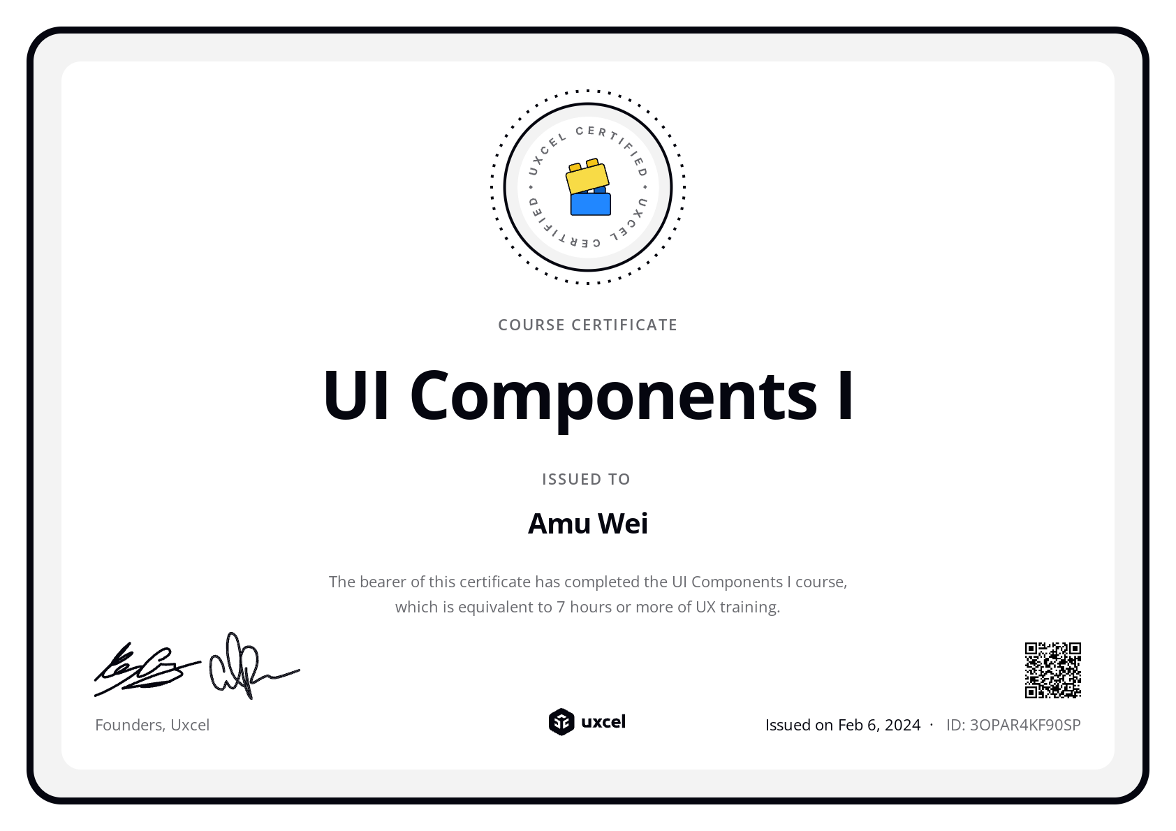 Amu Wei's certificate